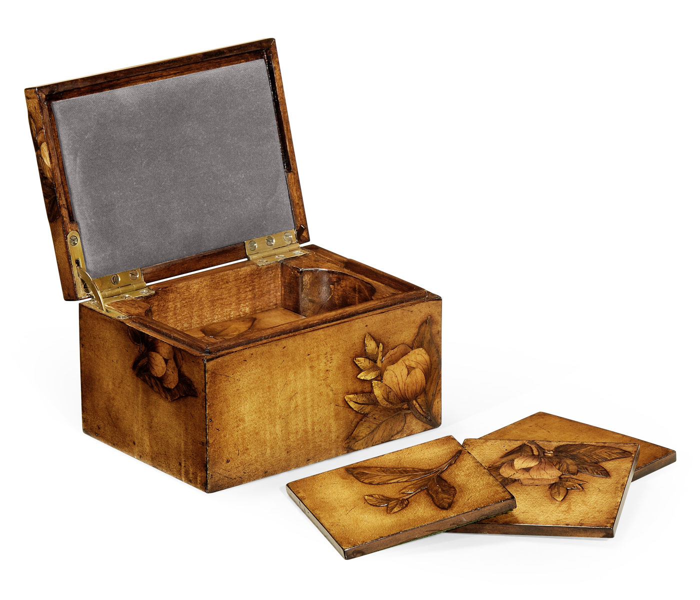 Walnut Raised Floral Drinks Coasters Box