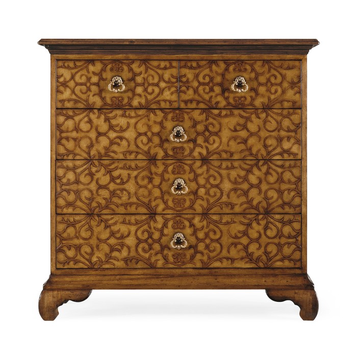 Walnut raised arabesques chest of drawers