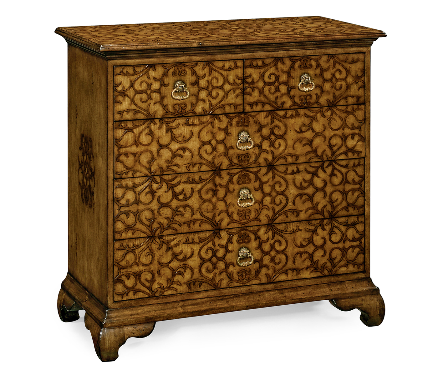 Walnut raised arabesques chest of drawers