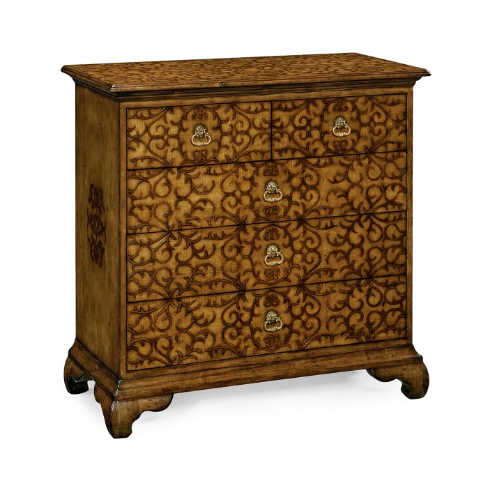 Walnut raised arabesques chest of drawers
