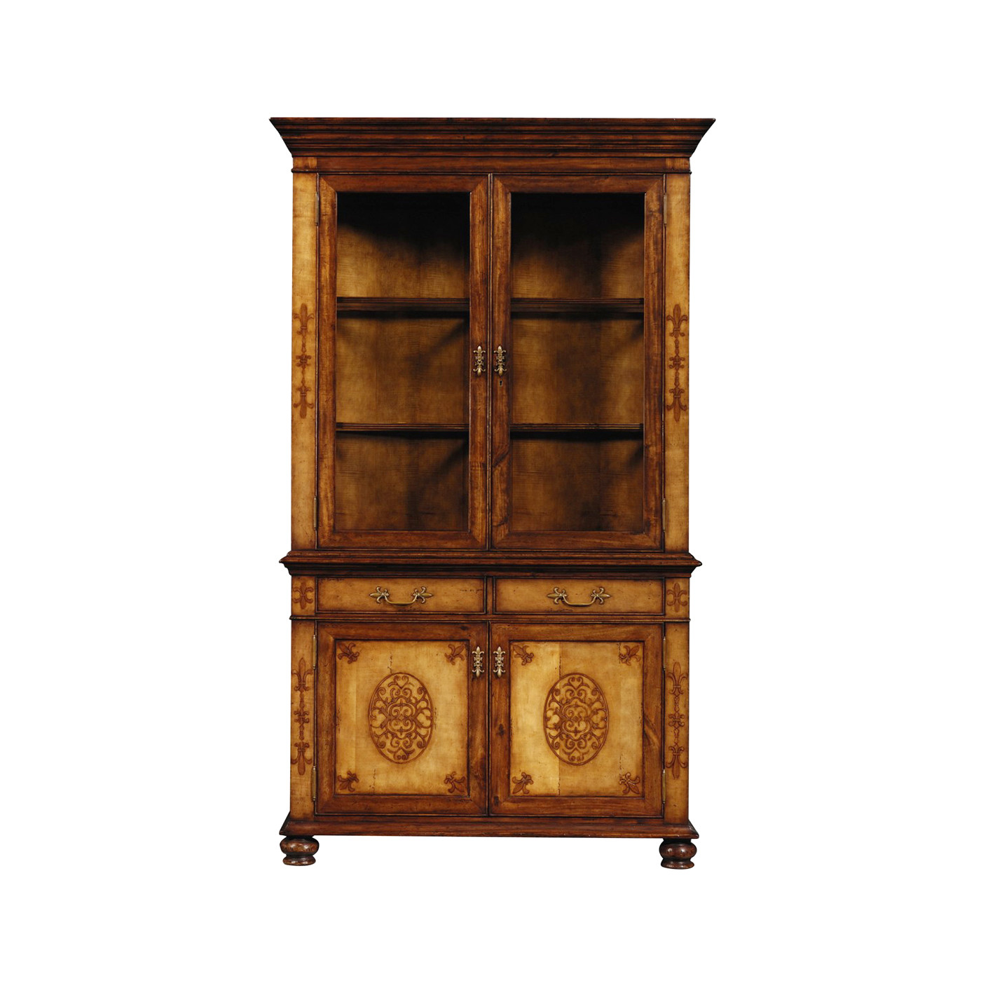 Raised veneer glazed cabinet with cupboards