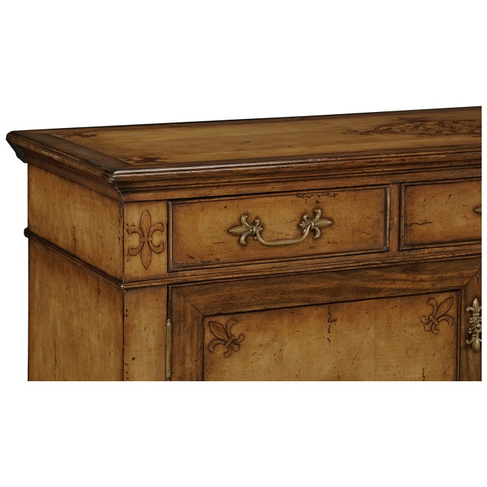 Raised veneer two door cabinet with three drawers