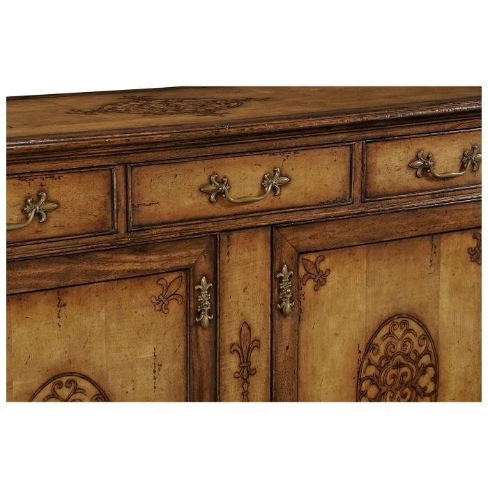 Raised veneer two door cabinet with three drawers