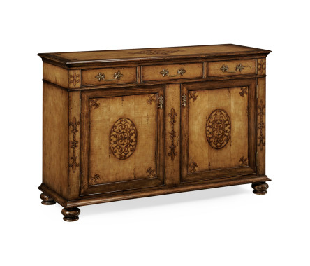 Raised veneer two door cabinet with three drawers