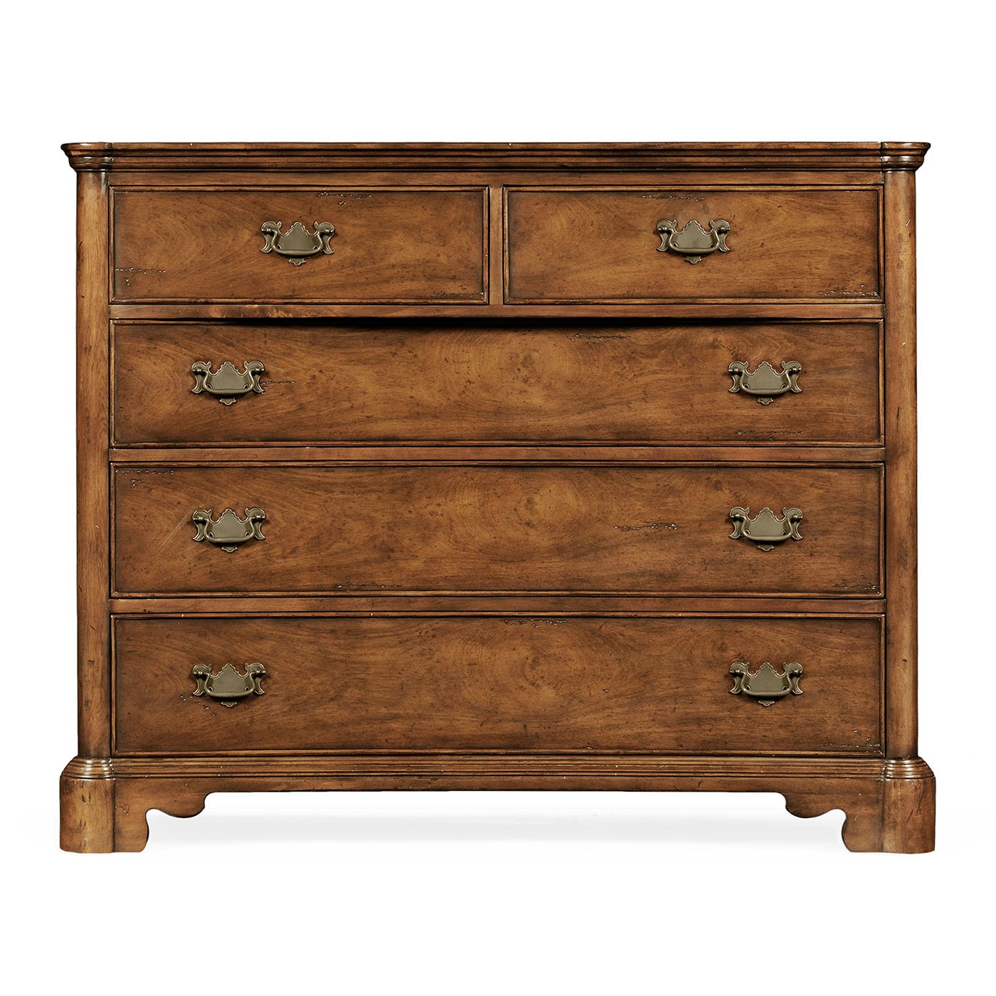 Walnut planked chest of five drawers