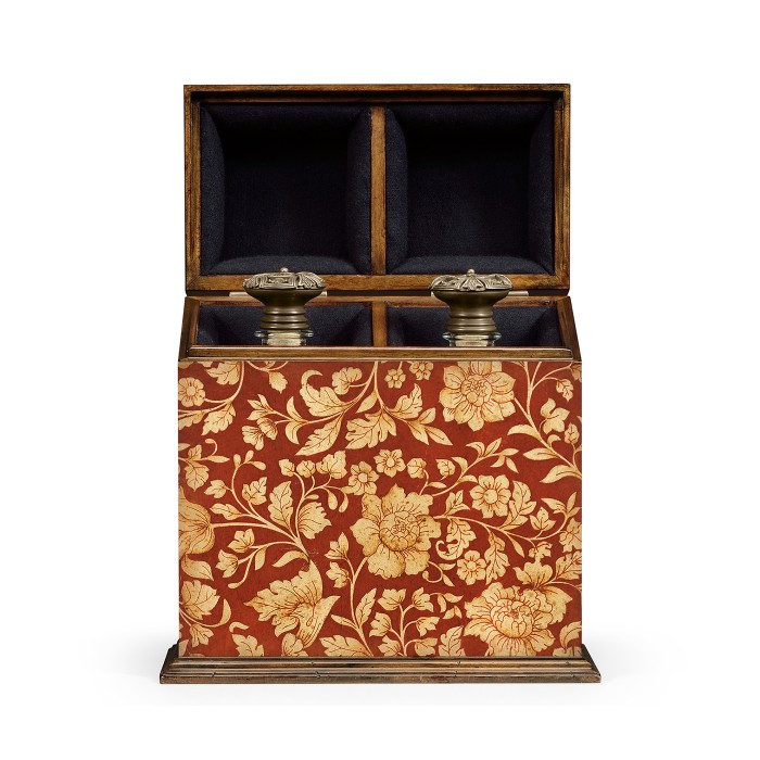 Pair of Glass Decanters & Red Chinoiserie Case