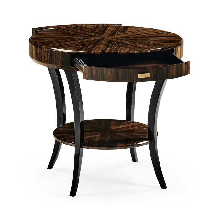 Round Art Deco Macassar Ebony High Lustre Side Table with Drawer