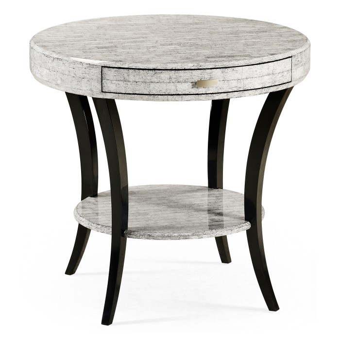 White Smoke Eggshell Round Side Table with Drawer