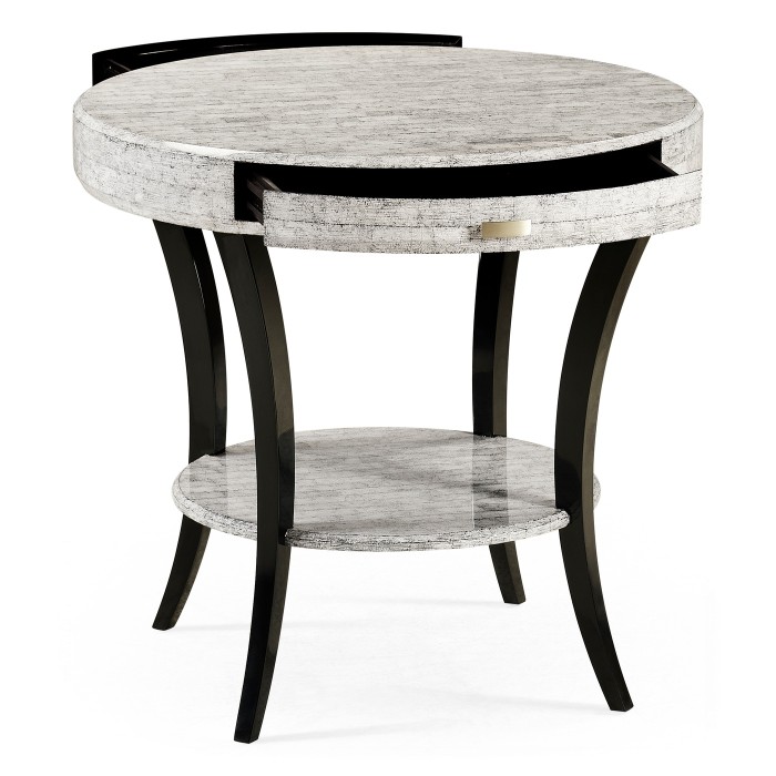 White Smoke Eggshell Round Side Table with Drawer