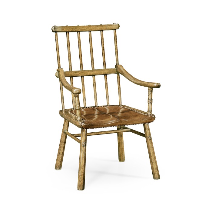 Rustic Natural Oak Country Arm Chair with A Antique Chestnut Leather Seat