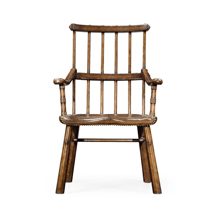 Rustic Dark Oak Country Arm Chair with A Dark Antique Chestnut Leather Seat