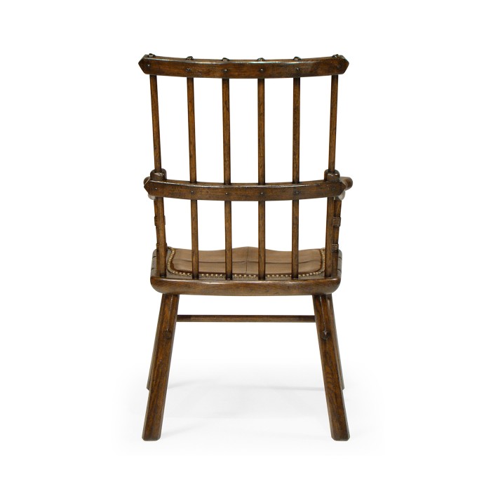 Rustic Dark Oak Country Arm Chair with A Dark Antique Chestnut Leather Seat