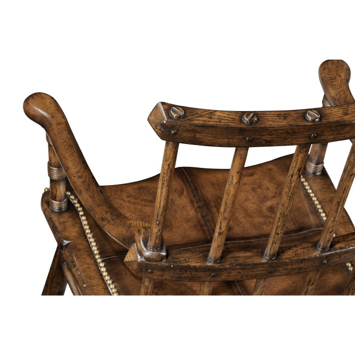 Rustic Dark Oak Country Arm Chair with A Dark Antique Chestnut Leather Seat