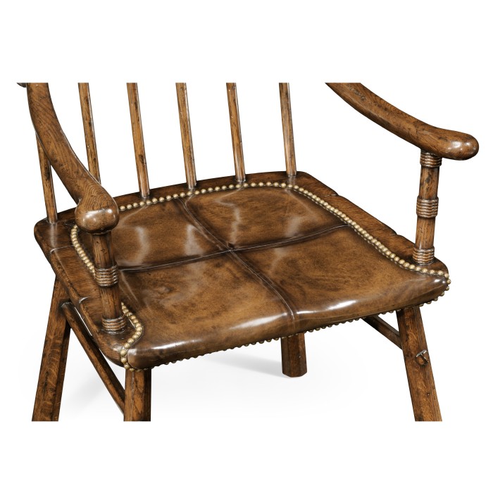 Rustic Dark Oak Country Arm Chair with A Dark Antique Chestnut Leather Seat