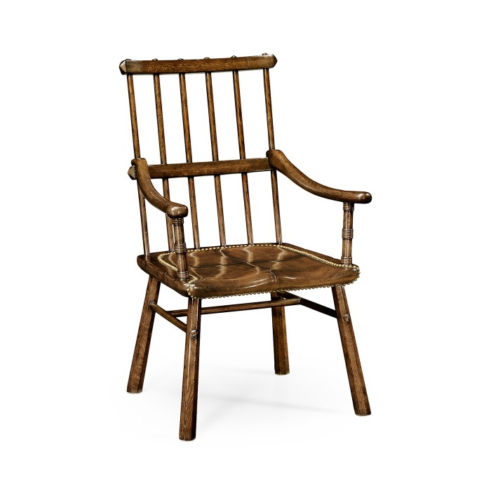 Rustic Dark Oak Country Arm Chair with A Dark Antique Chestnut Leather Seat