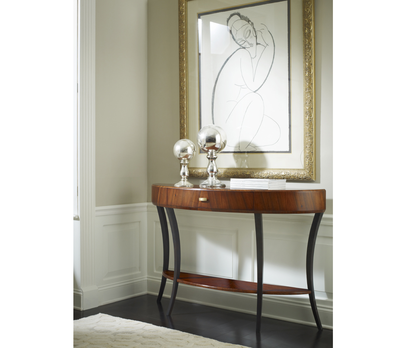 Art Deco High Lustre Large Demilune Console Table with Drawer