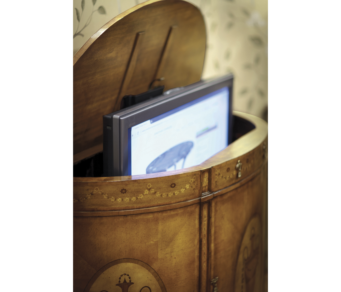 Adam Style Walnut & Satinwood Demilune TV Cabinet