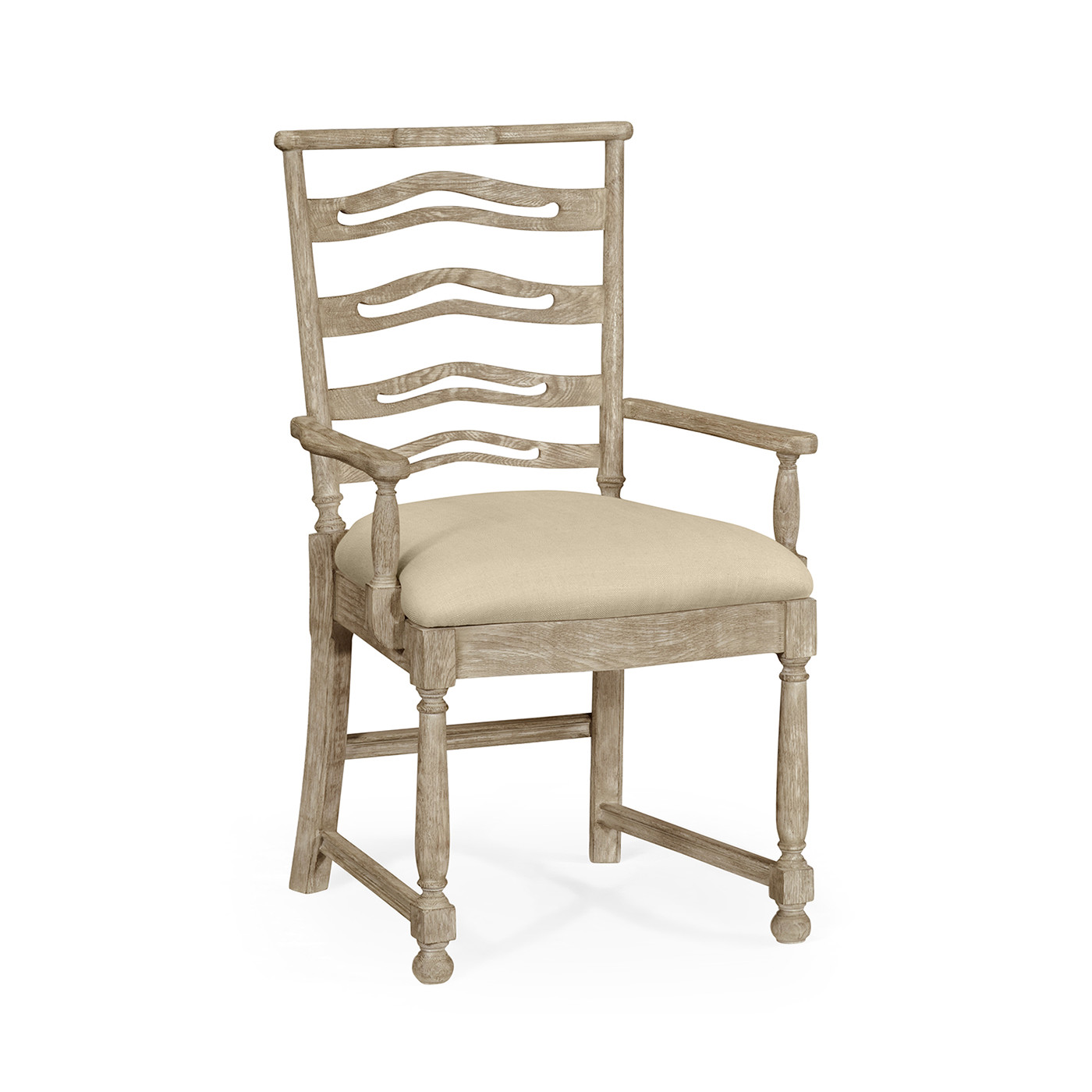 Grey Oak Pierced Ladder Back Country Arm Chair, Upholstered in MAZO