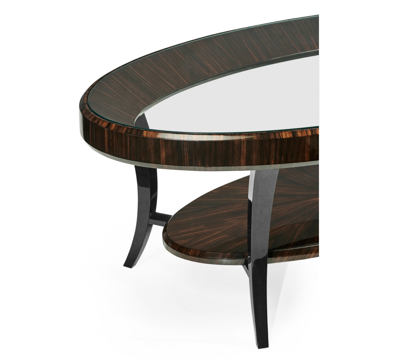 Oval Art Deco Macassar Ebony High Lustre Glass Topped Coffee Table