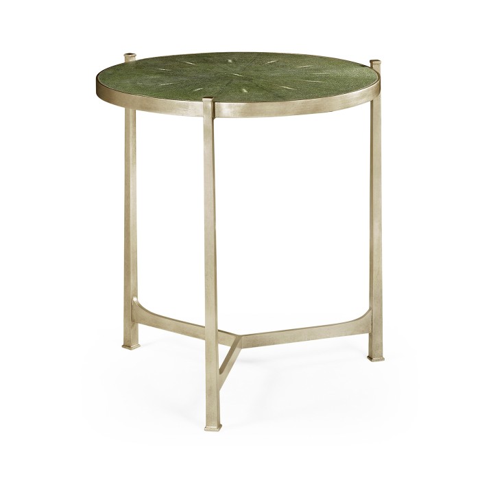 Large Green Round Faux Shagreen Silver Side Table