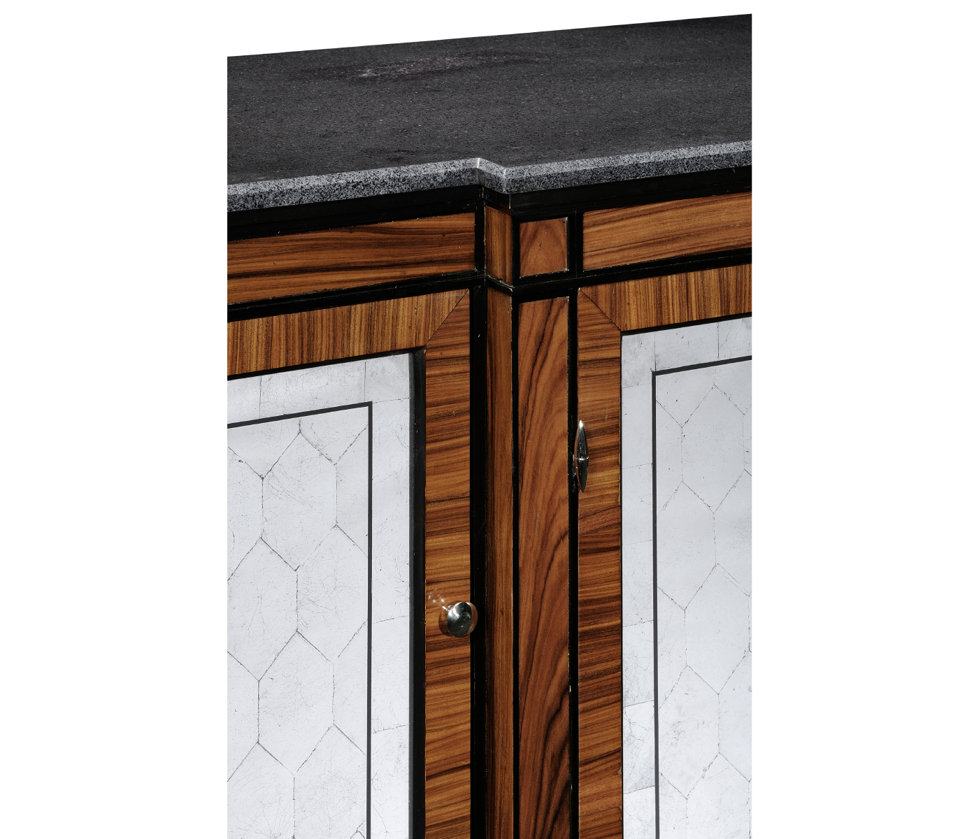 Rosewood & ebonised marble topped breakfront cabinet with brass