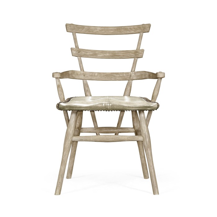 Country Style Grey Oak Arm Chair with A Dark Grey Leather Seat