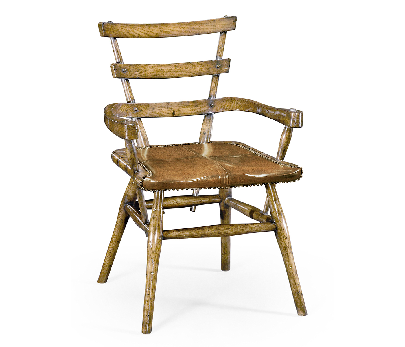 Country Style Natural Oak Arm Chair with An Antique Chestnut Leather Seat