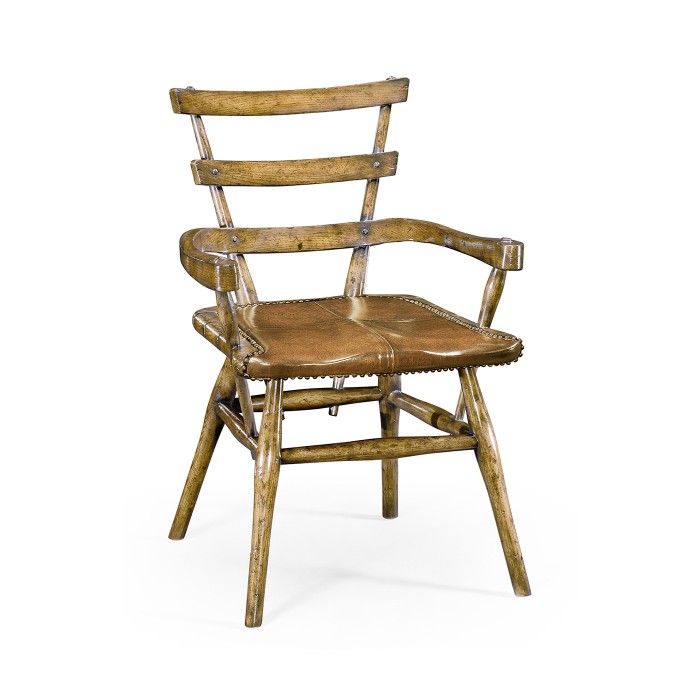 Country Style Natural Oak Arm Chair with An Antique Chestnut Leather Seat