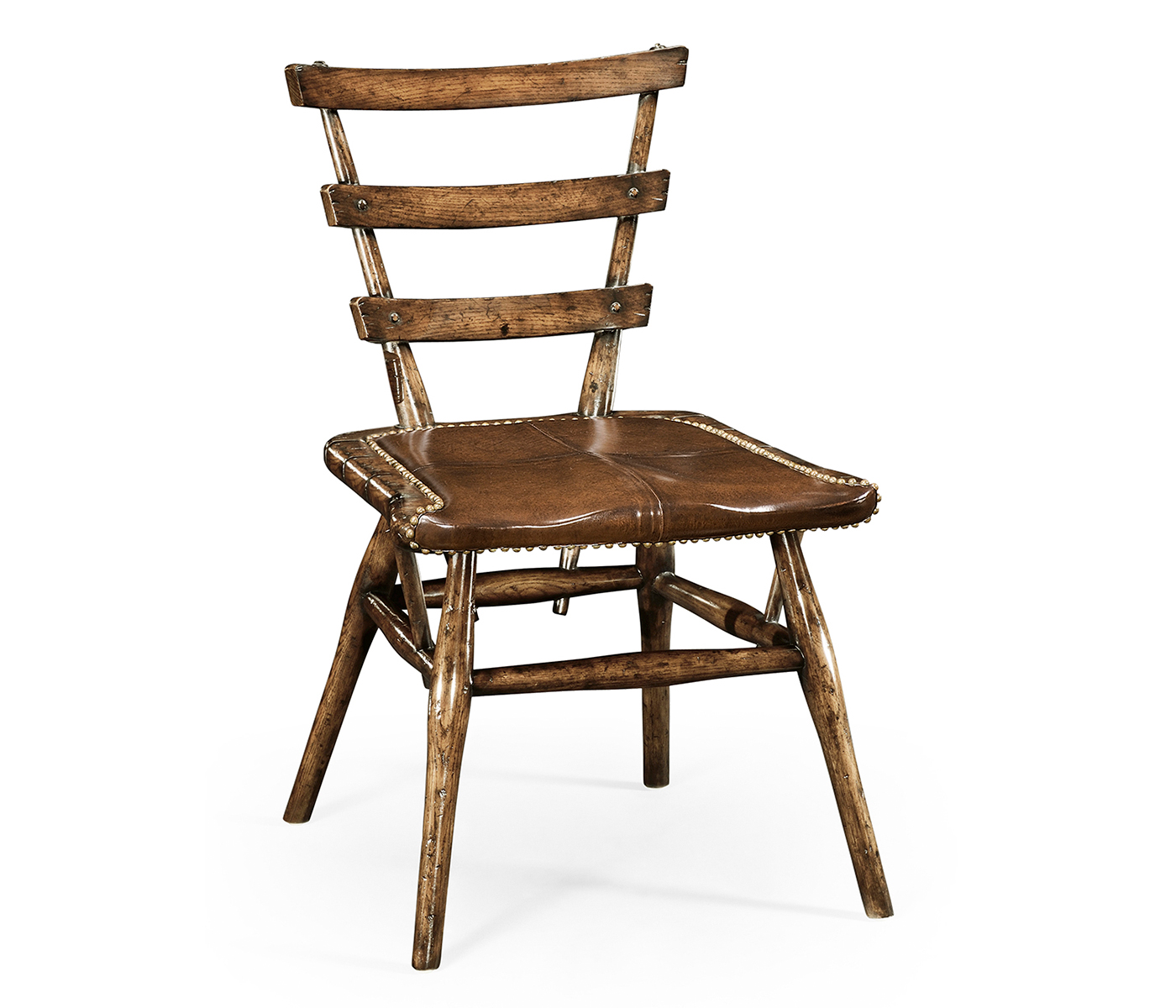Country Style Dark Oak Side Chair with A Dark Antique Chestnut Leather Seat
