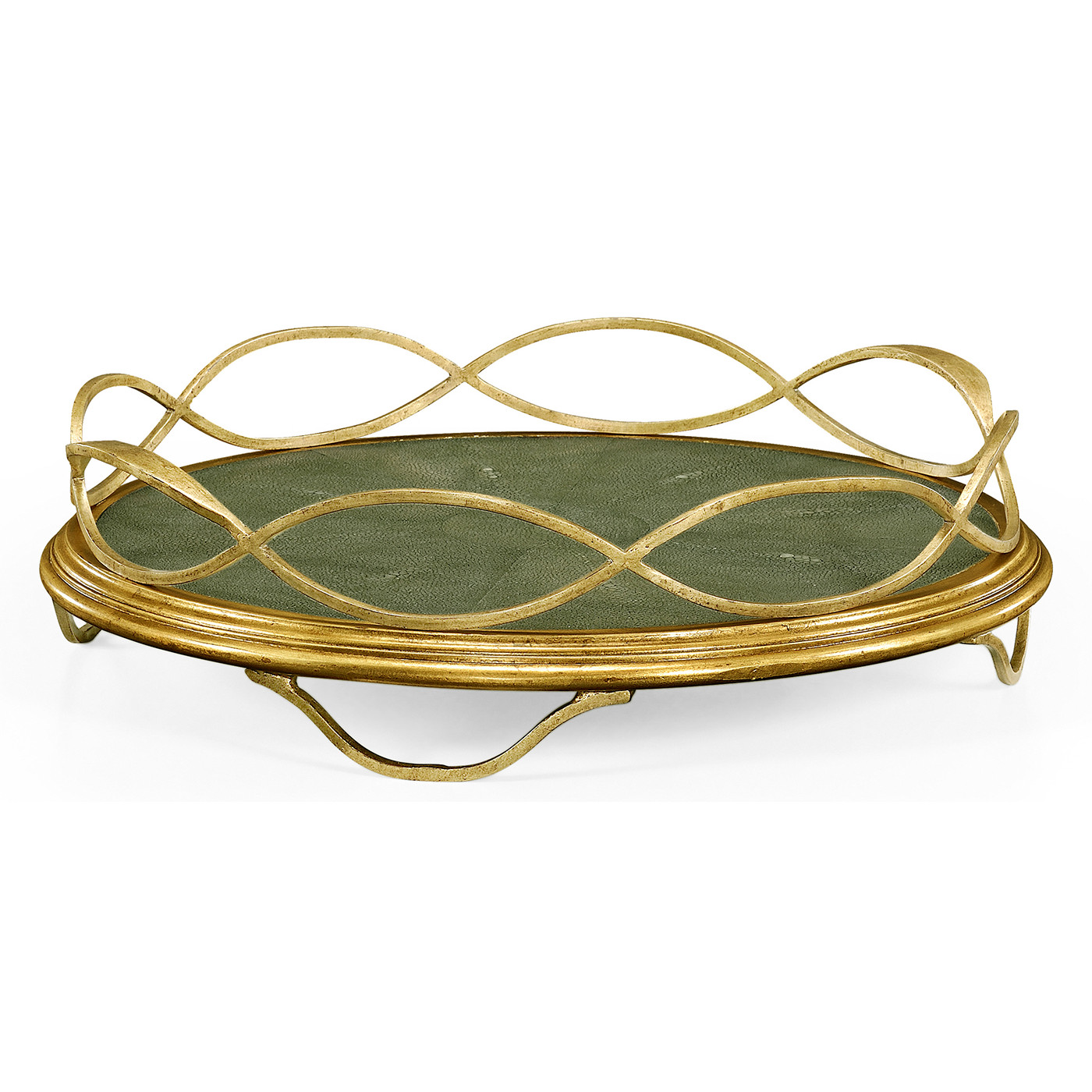 Green Faux Shagreen & Gilded Iron Circular Tray