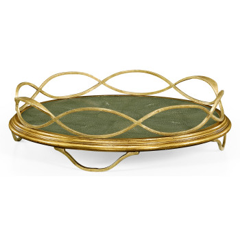 Green Faux Shagreen & Gilded Iron Circular Tray