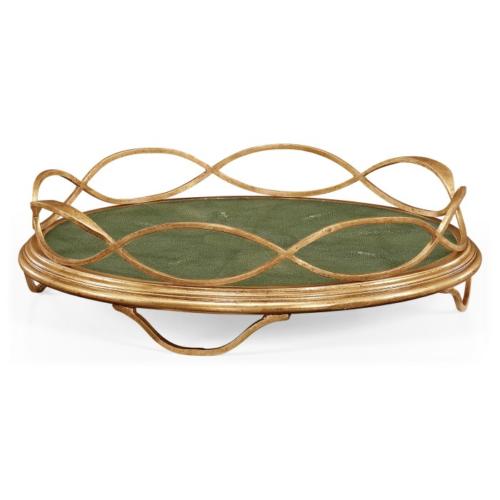Green Faux Shagreen & Gilded Iron Circular Tray