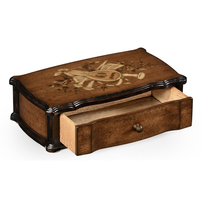 Mahogany Lidded Box with Musical Instrument Design Inlay