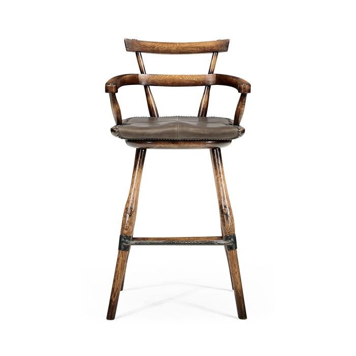 Dark Brown Oak Arm Bar Stool with Studded Haven Leather Seat