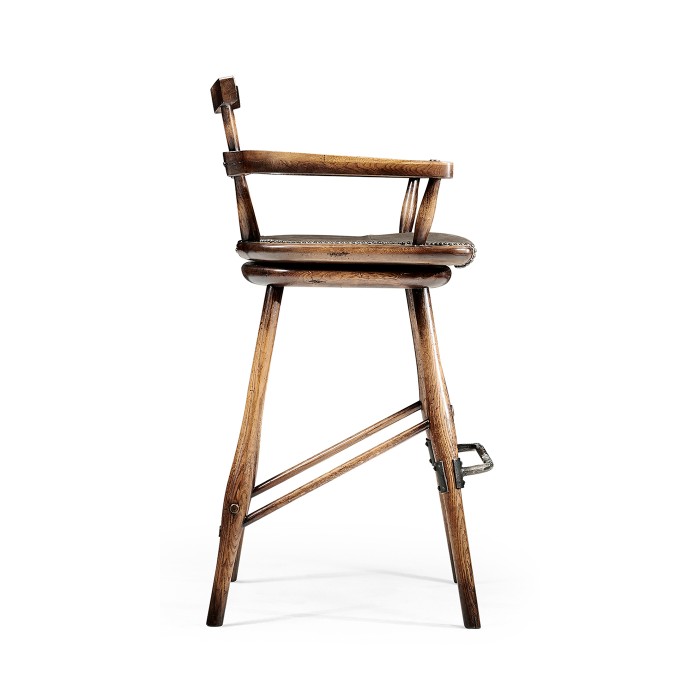 Dark Brown Oak Arm Bar Stool with Studded Haven Leather Seat