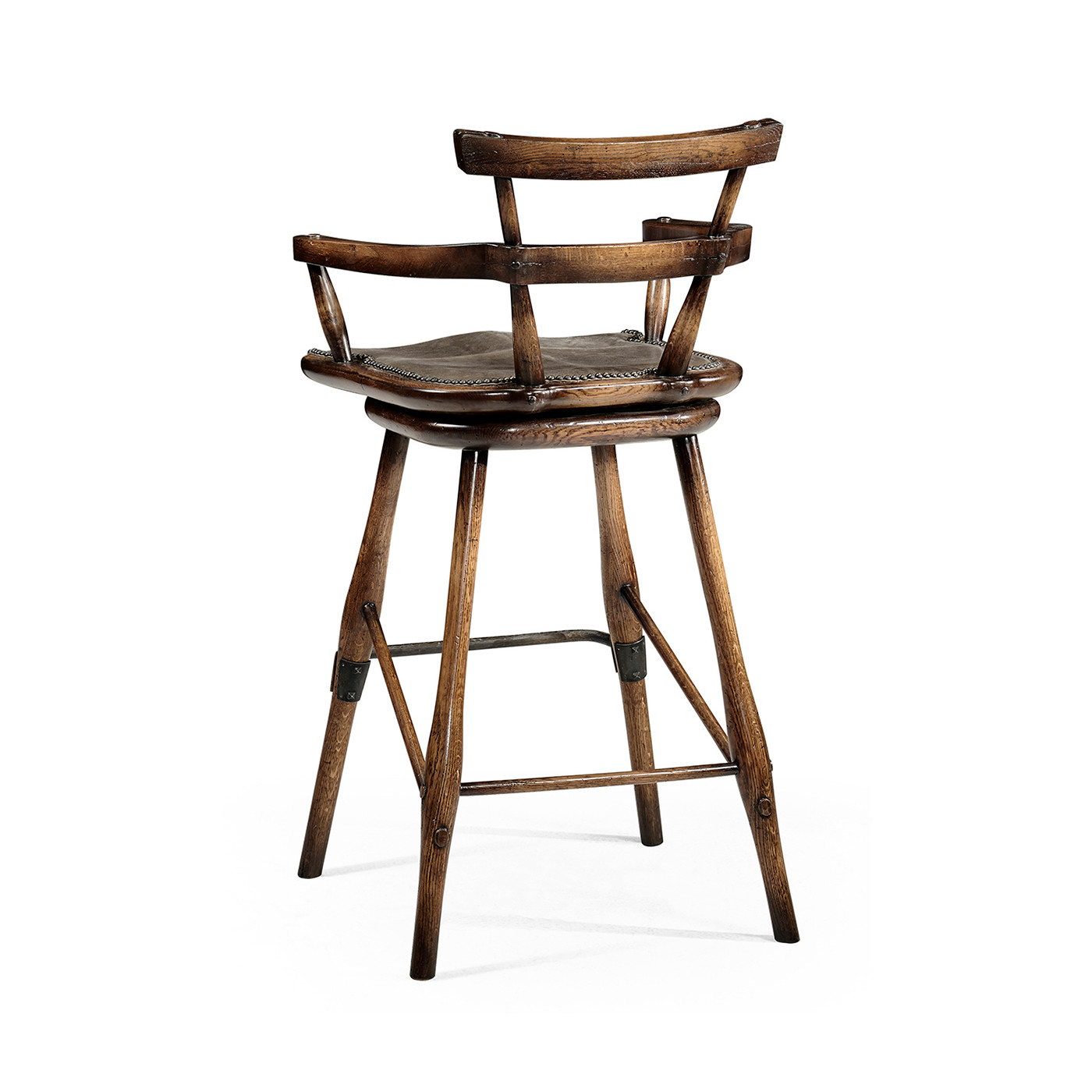 Dark Brown Oak Arm Bar Stool with Studded Haven Leather Seat