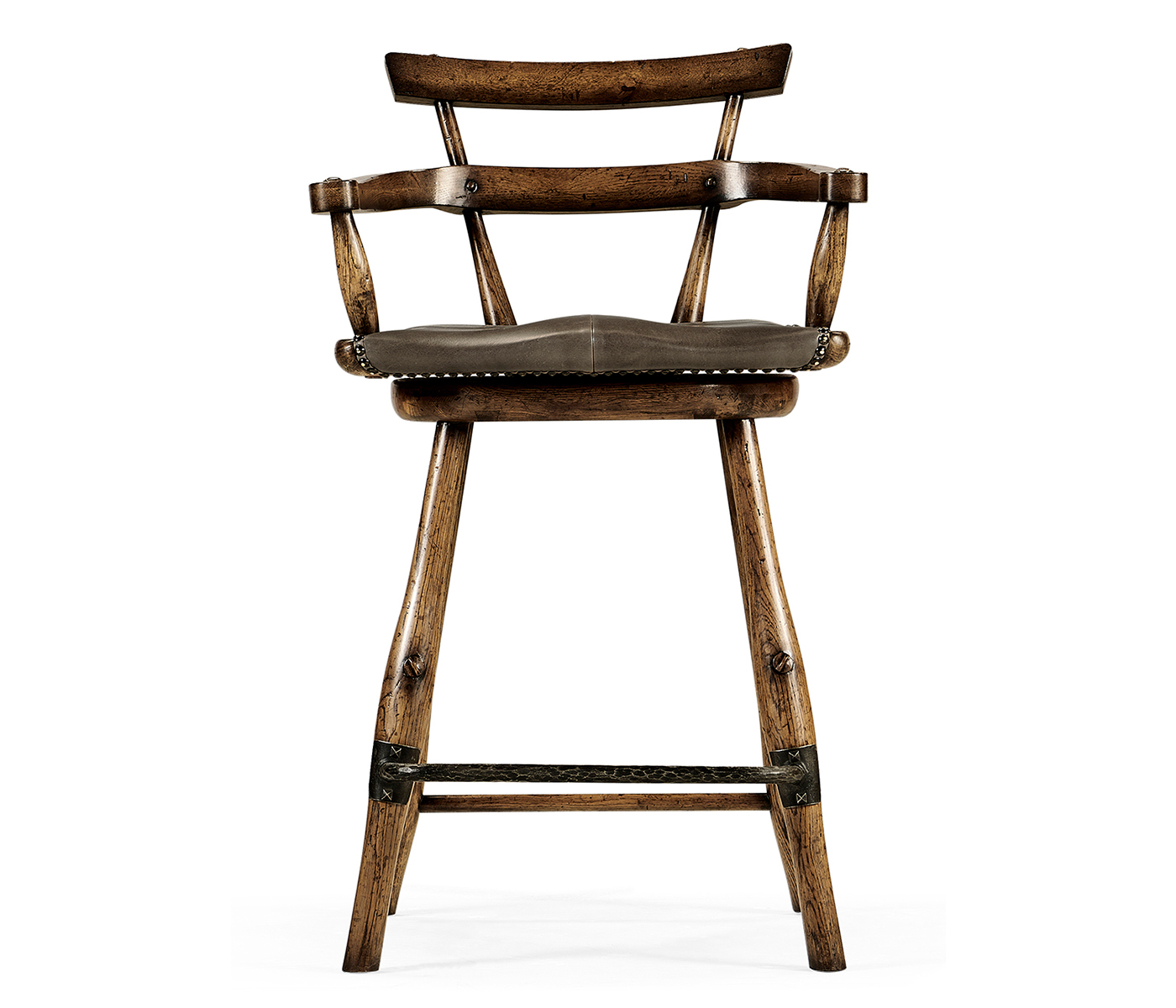 Dark Brown Oak Arm Counter Stool with Studded Haven Leather Seat