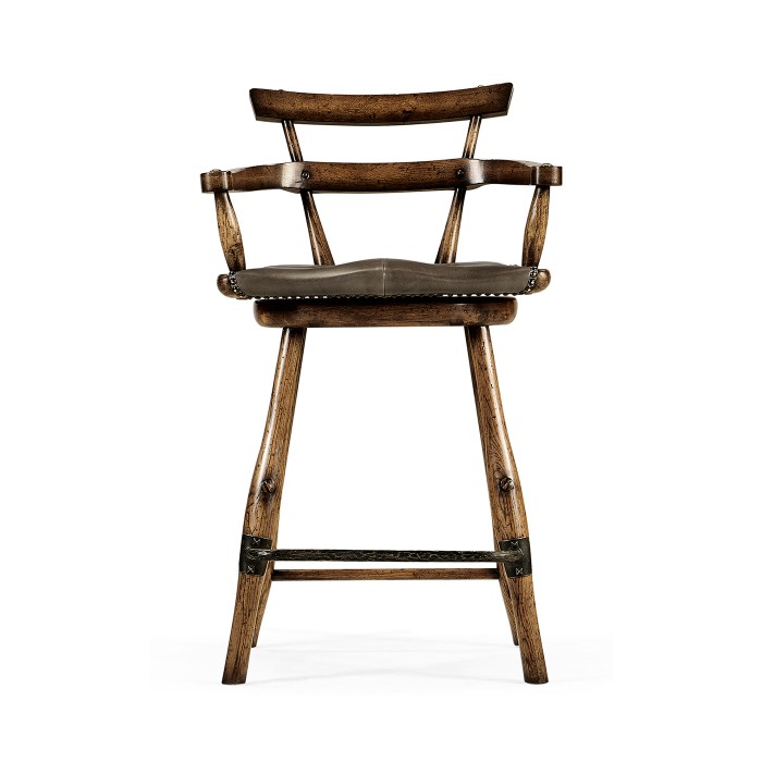 Dark Brown Oak Arm Counter Stool with Studded Haven Leather Seat