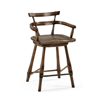 Dark Brown Oak Arm Counter Stool with Studded Haven Leather Seat