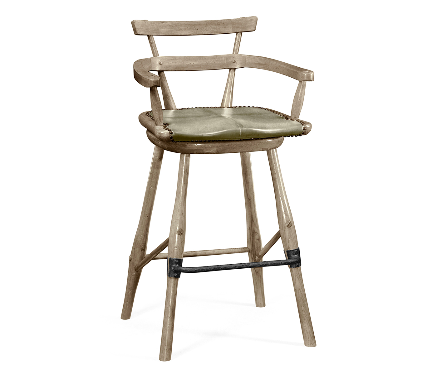 Grey Oak Arm Bar Stool with A Studded Dark Grey Leather Seat