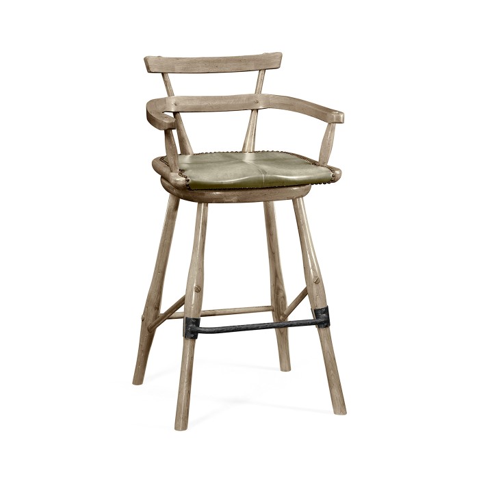 Grey Oak Arm Bar Stool with A Studded Dark Grey Leather Seat