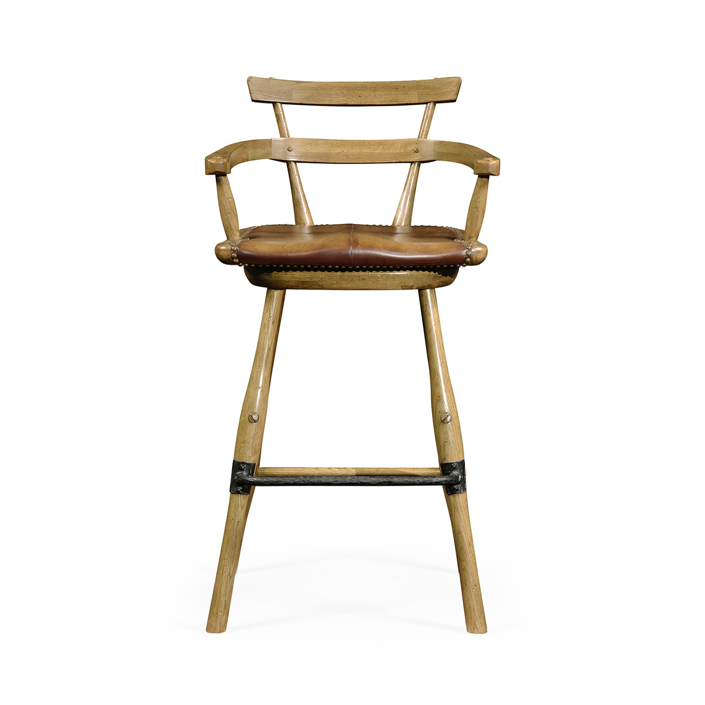 Natural Oak Arm Bar Stool with A Studded Antique Chestnut Leather Seat