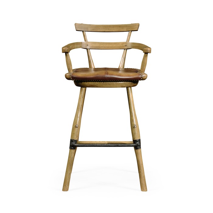 Natural Oak Arm Bar Stool with A Studded Antique Chestnut Leather Seat