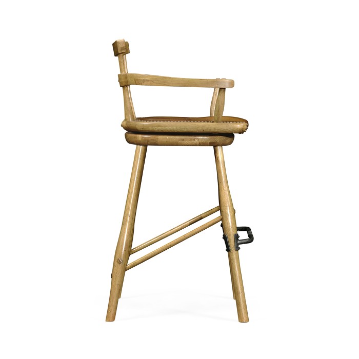 Natural Oak Arm Bar Stool with A Studded Antique Chestnut Leather Seat