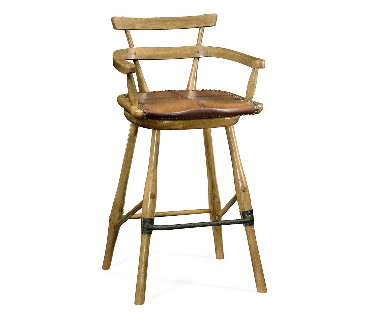Natural Oak Arm Bar Stool with A Studded Antique Chestnut Leather Seat