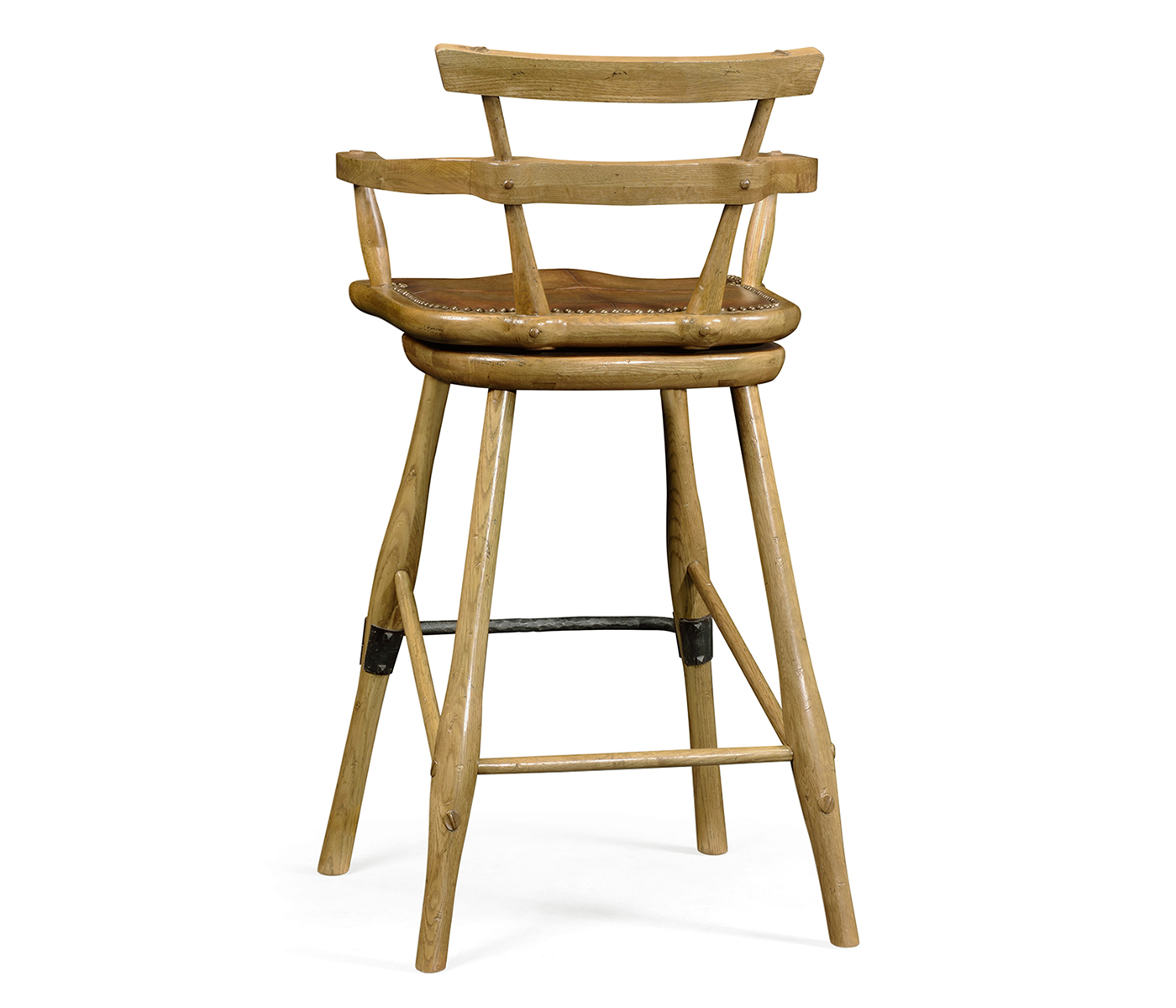 Natural Oak Arm Bar Stool with A Studded Antique Chestnut Leather Seat
