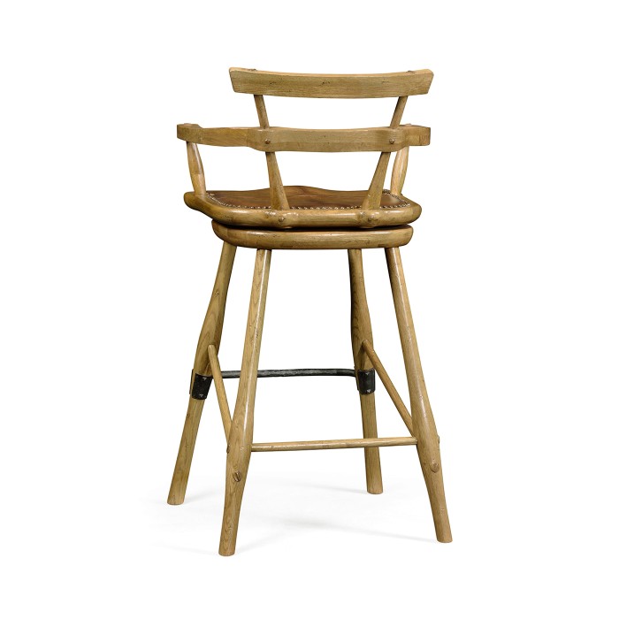 Natural Oak Arm Bar Stool with A Studded Antique Chestnut Leather Seat