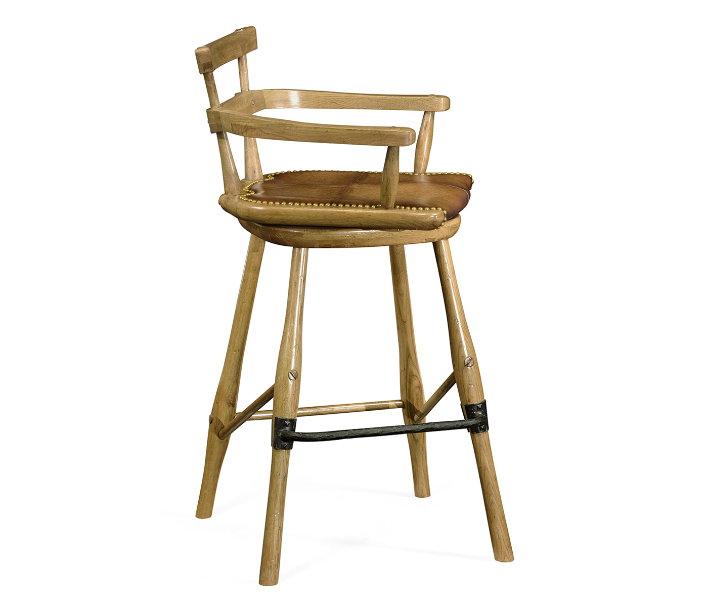 Natural Oak Arm Bar Stool with A Studded Antique Chestnut Leather Seat