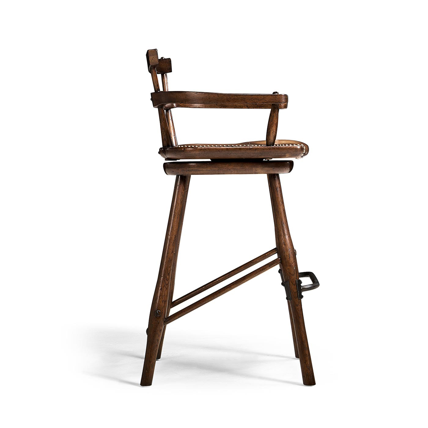 Dark Oak Arm Bar Stool with A Studded Dark Antique Leather Seat