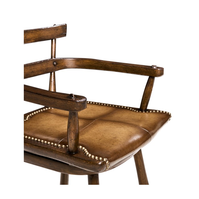 Dark Oak Arm Bar Stool with A Studded Dark Antique Leather Seat